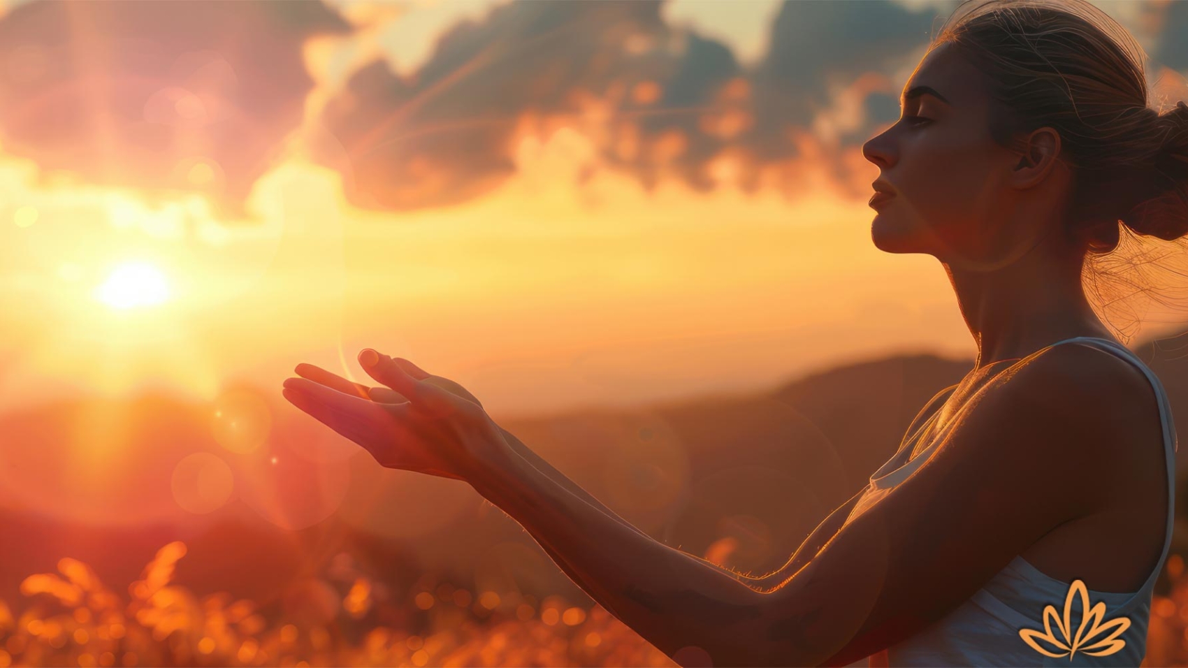 image: woman extending cupped hands toward sun at sunset/sunrise